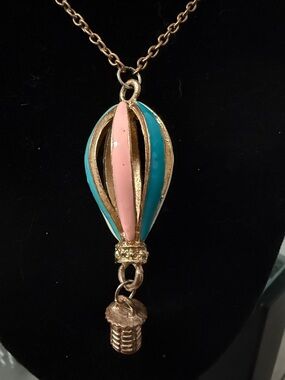 Gold-Tone Pink and Turquoise Hot Air Balloon Pendant Necklace